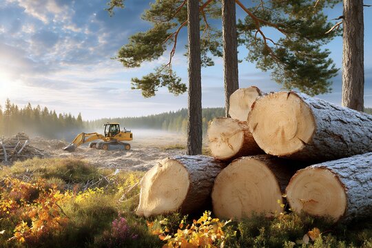 Forestry landscape with machinery and cut logs in sunny forest clearing - Powered by Adobe