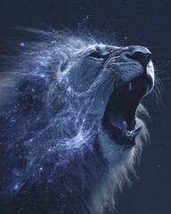 Naklejka premium a majestic lion made of glowing constellations, roaring into the starry void, with a nebula mane