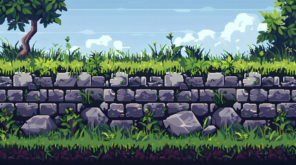 Stone Wall with Lush Greenery Pixel Art Landscape