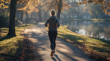 Obraz premium Young woman jogging along park path near lake in early autumn morning, surrounded by fallen leaves and soft sunlight. Peaceful fitness routine in nature.