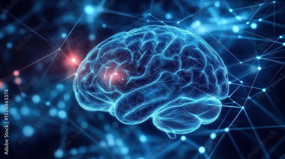 Poster a detailed digital rendering of a human brain set against a blue backdrop with glowing lines, creati