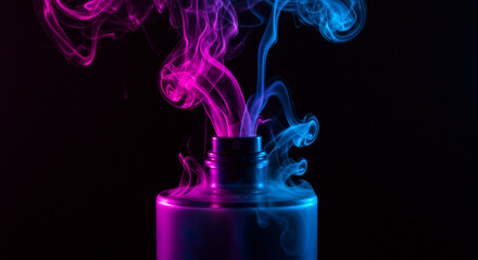 Ethereal Smoke Swirling from Glass Bottle in Vibrant Pink and Blue Hues