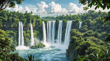 Majestic Waterfalls in Lush Tropical Jungle