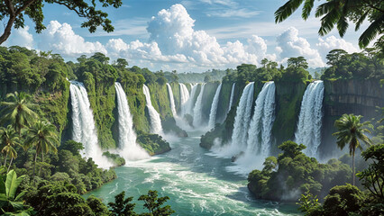 Majestic Waterfalls in Lush Tropical Jungle