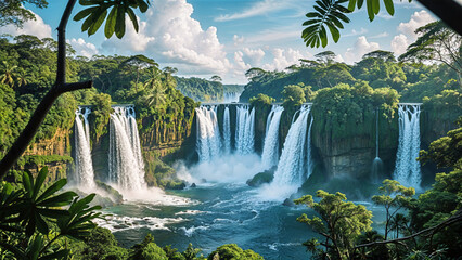 Majestic Waterfalls in Lush Tropical Jungle