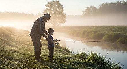 Grandfather Teaching Grandson Fishing on Foggy Riverbank at Dawn, Golden Light, Bonding Moment, Generational, Serene, Inspiring Family Values