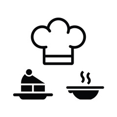 vector icons cooking food chef hat include a pizza slice, a sushi roll, spaghetti and meatballs, a curry bowl burger , fish 

