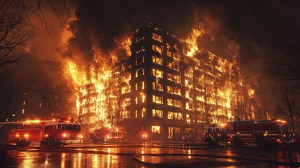 Fototapeta premium Firefighters are working tirelessly to control a raging fire in an apartment building, with flames lighting up the night and smoke billowing into the sky.