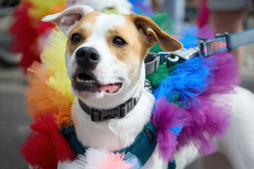 Pride Colorful Dog Parade. Two dogs dressed in bright rainbow tutus