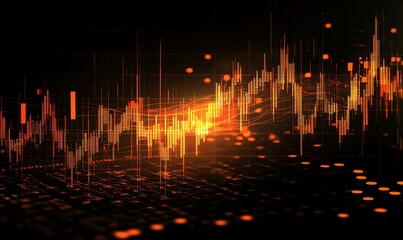 Abstract glowing forex trading chart background with financial market candlesticks and digital data grid for investment, economy, and currency exchange concept
