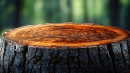 The cross-section of a tree stump with detailed wood grain and blurred forest background.