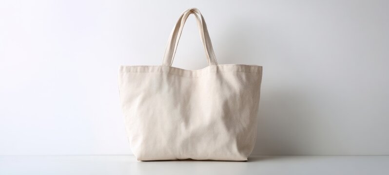 The stylish beige tote bag on a minimalist background for versatile use.