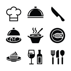 vector icons cooking food chef hat include a pizza slice, a sushi roll, spaghetti and meatballs, a curry bowl burger , fish 

