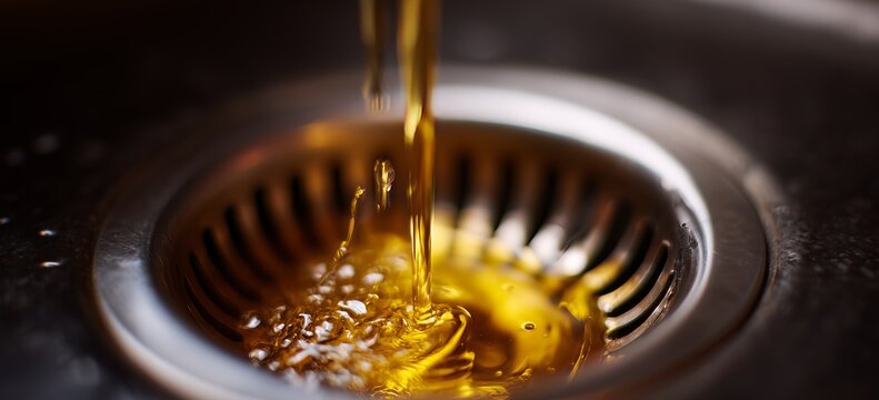 Golden liquid flows into a metal sink drain, highlighting improper disposal of cooking oil for environmental awareness.