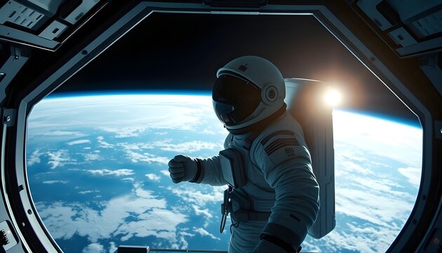 Astronaut performs spacewalk outside international space station earth view digital art cosmic environment - Powered by Adobe