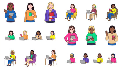 Hand-drawn set of diverse female office workers using laptops, tablets, phones, and headsets in various remote work situations. Clean flat vector illustration isolated on white background