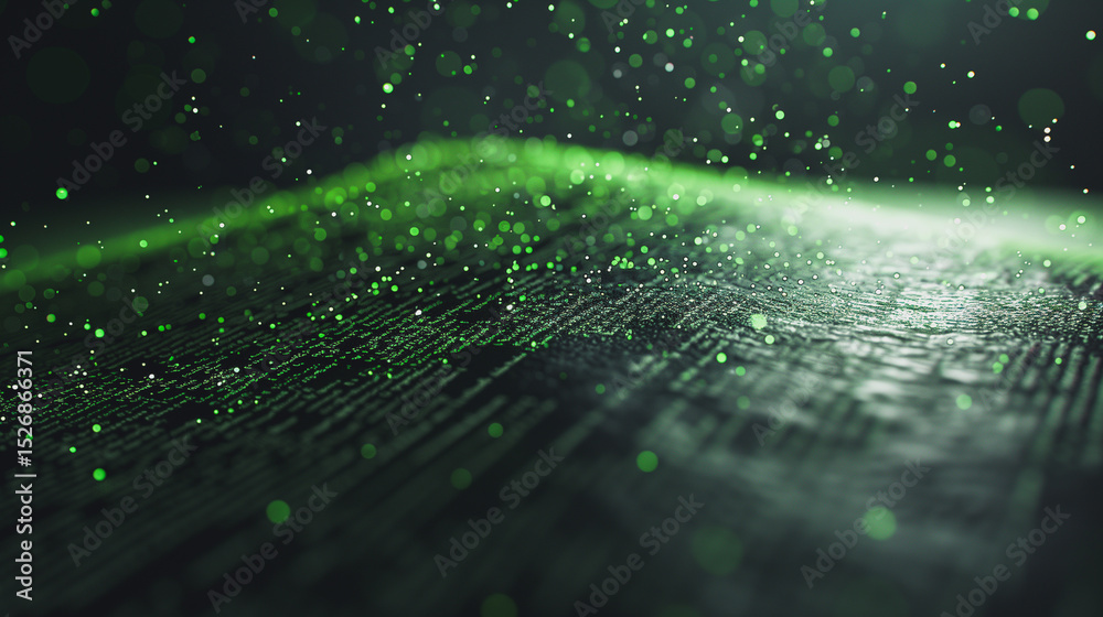 Poster digital matrix: close-up of a digital circuit board shimmering with neon green particles, emphasizin