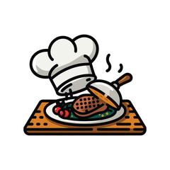 vector icons cooking food chef hat include a pizza slice, a sushi roll, spaghetti and meatballs, a curry bowl burger , fish 
