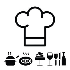 vector icons cooking food chef hat include a pizza slice, a sushi roll, spaghetti and meatballs, a curry bowl burger , fish 
