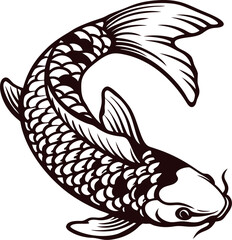 Detailed black and white illustration of koi carp fish in dynamic curved pose with intricate scale pattern