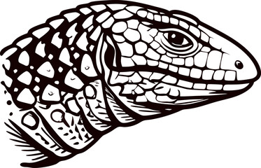 Detailed black and white illustration of lizard head with textured scales and reptile features on white background