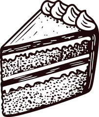 Vintage hand drawn illustration of layered slice of cake with frosting and cream decoration on white background