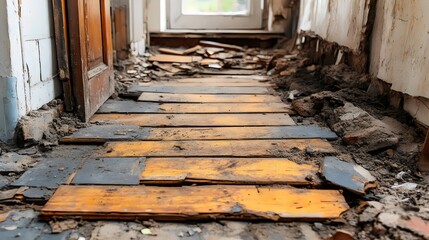 This image showcases a dilapidated hallway with damaged flooring and aged walls, conveying decay and abandonment.