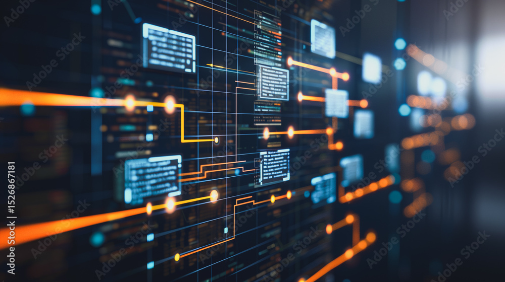 Poster digital network flow: abstract visualization of data streams and network connections, showcasing vib