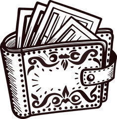 vintage engraved drawing of an ornate leather wallet with cash and decorative pattern in retro