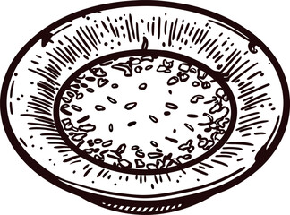 Vintage engraved illustration of a shallow ceramic soup plate with scattered grains or seeds, isolated on white background