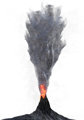 A black rock volcano erupting into a huge vertical pile of fire, lava and grey smoke. 3D illustration on transparent background. 