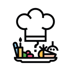 vector icons cooking food chef hat include a pizza slice, a sushi roll, spaghetti and meatballs, a curry bowl burger , fish 
