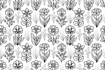 Line art hand drawn seamless floral pattern. Pattern with repeating flower drawings with black thin line on white background.