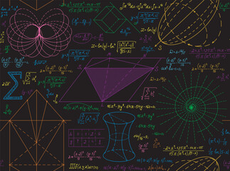 Scientific math vector seamless pattern with multicolored handwritten figures, formulas and calculations