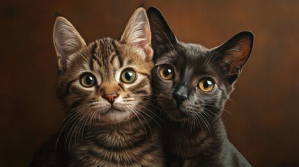 Mixed breed dog and cat friends portrait, Adorable kitten and dog together in studio on a brown background, digital art, ai generated
