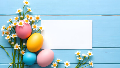 Easter celebration with colorful eggs and flowers springtime digital image bright atmosphere top-down view