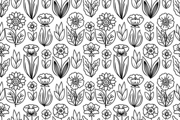Line art hand drawn seamless floral pattern. Pattern with repeating flower drawings with black thin line on white background.