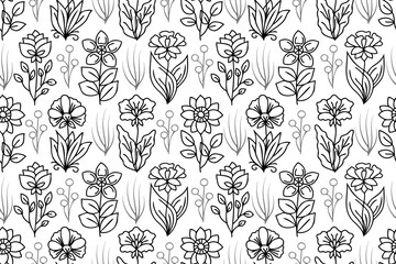 Line art hand drawn seamless floral pattern. Pattern with repeating flower drawings with black thin line on white background.