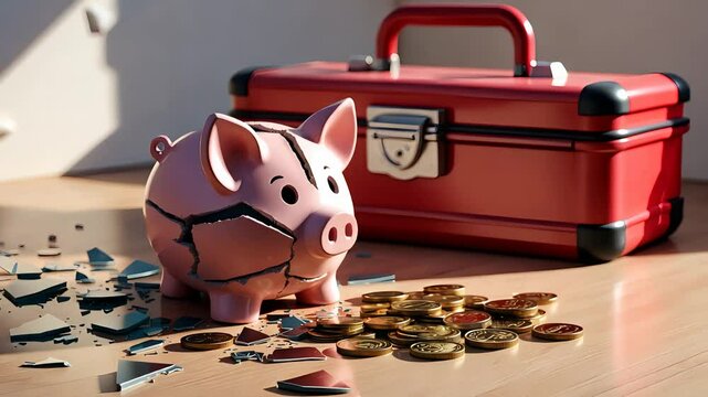 Broken pink piggy bank spilling coins onto wooden floor beside red metal toolbox in warm sunlight, illustrating savings and financial loss

