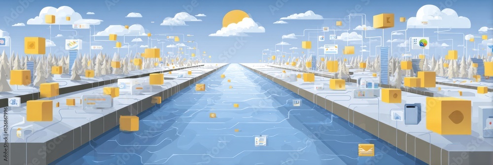 Fototapete Digital Data River Illustrating the Flow of Phishing Content With an Open Landscape to the Left