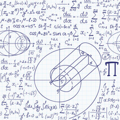 Math vector seamless pattern with handwritten mathematical and physics figures, formulas and equations, white copybook paper