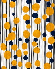 Fototapeta premium vintage abstract pattern with mustard yellow circles and navy blue vertical lines, 1960s mid-century style