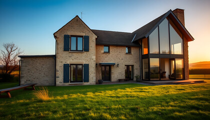 Modern house design countryside real estate photography sunset wide angle architectural aesthetics