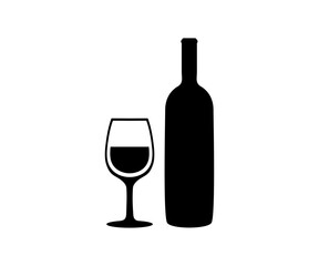 Wine bottle with wine glass silhouette icon. Minimalist wine bottle and glass icon vector design and illustration.
