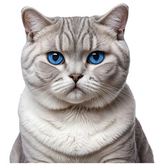 A white tabby cats face with blue eyes on a transparent background