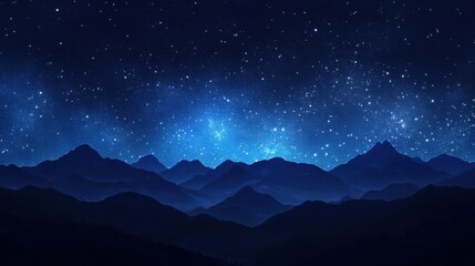 Naklejka premium A serene night sky filled with stars over a silhouette of mountains. The main colors are deep blue and black.