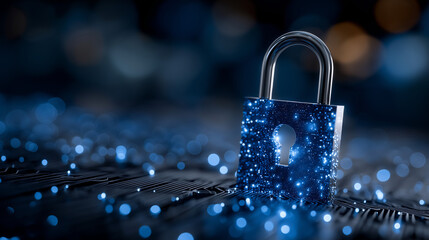 Cybersecurity Sentinel: A close-up shot of a digital padlock glows amidst a field of shimmering lights, symbolizing protection and encryption.