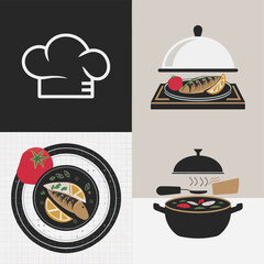 vector icons cooking food chef hat include a pizza slice, a sushi roll, spaghetti and meatballs, a curry bowl burger , fish 
