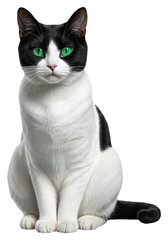 Black and white cat with green eyes sitting on a transparent background