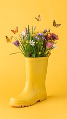 Yellow rain boot filled with spring flowers and butterflies